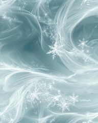Fototapeta premium Frosty blue background with swirling patterns and delicate snowflakes creates a serene winter atmosphere.