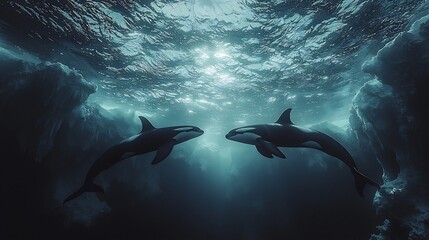 Obraz premium A Pod of Orcas Swimming in Unison Through Icy Ocean Waters Symbolizing the Power and Grace of Nature s Apex Predators