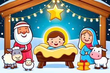 Fototapeta premium Jesus as a baby in a cozy manger, wrapped in a soft, glowing blanket, as a concept of nativity scene