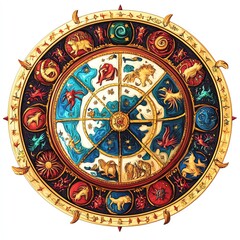 Naklejka premium Astrological zodiac wheel featuring colorful symbols of the twelve zodiac signs.