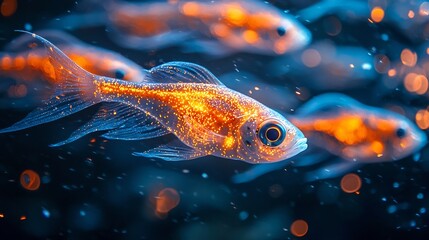 Obraz premium Glowing Bioluminescent Fish Illuminating the Surreal Underwater World