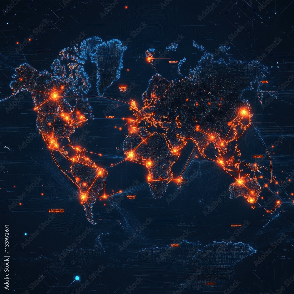 Poster a stunning visual representation of a global network with bright connections across a dark world map