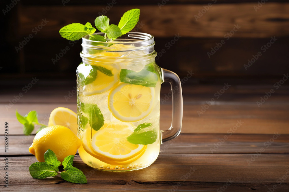 Canvas Prints Refreshing Mason Jar of Lemonade on a Wooden Table