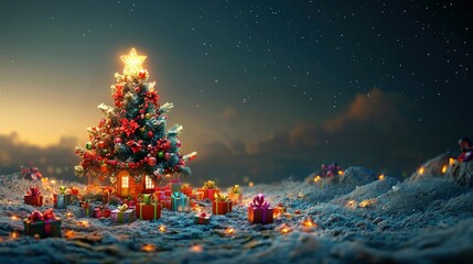 Magical Christmas Eve Illuminated Christmas Tree with Presents in a Winter Wonderland