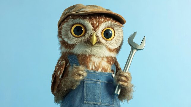 Professional Owl Mechanic with Spanner in Work Attire on Blue Background
