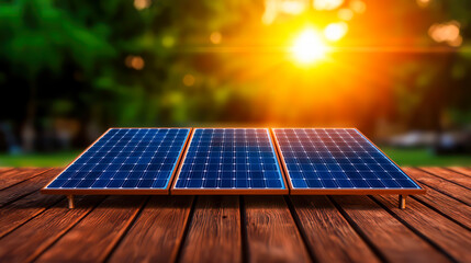 Solar Panels on Wooden Surface with Sunset Background in Nature