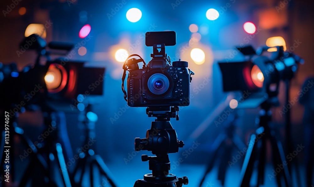 Poster a camera set up in a studio with bright lights and tripods surrounding it.