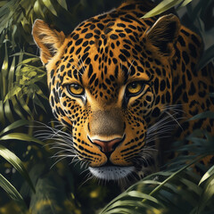 Obraz premium Realistic portrait of a leopard in dense jungle with a piercing gaze