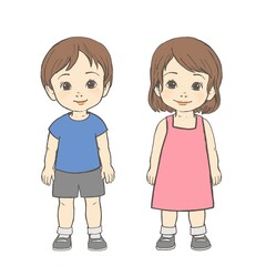 Cartoon kids, boy in blue t-shirt, girl in pink dress standing isolated on white background