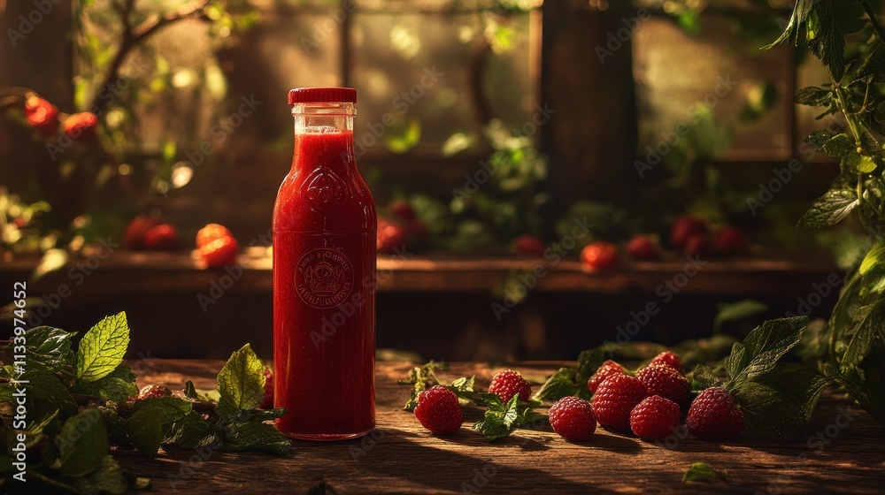 Poster a bottle of raspberry juice surrounded by fresh raspberries and mint leaves in a rustic setting.