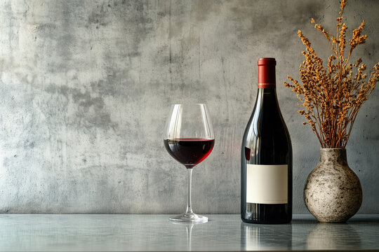 Sophisticated red wine display featuring a Bourgogne bottle and glass against a concrete background.