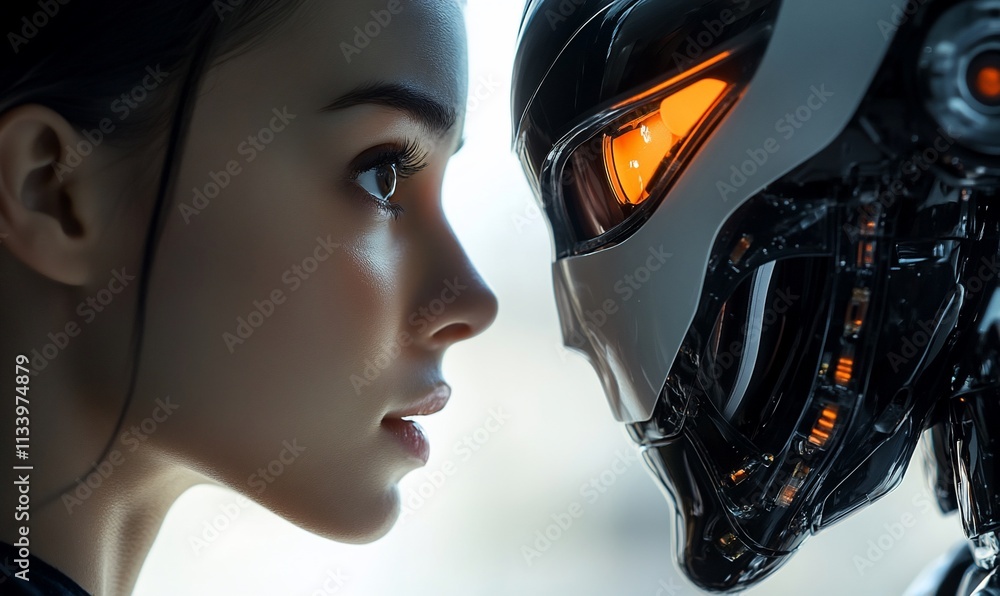 Poster a close-up of a woman and a robotic face, exploring human-robot interaction.