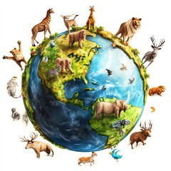 A colorful representation of earth with diverse animals in their natural habitats.