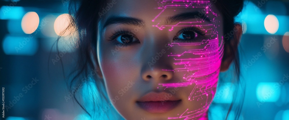 Aufkleber a close-up of a woman with digital patterns on her face in a futuristic setting.