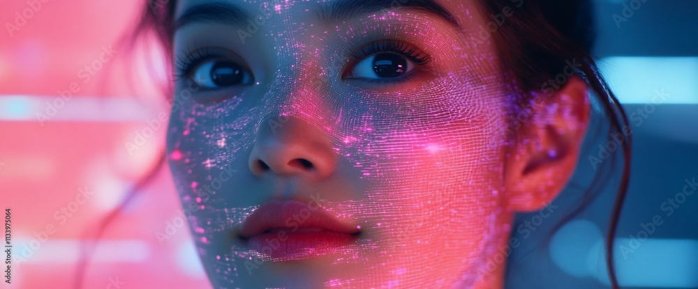 Poster a close-up portrait of a woman with colorful light patterns on her face.
