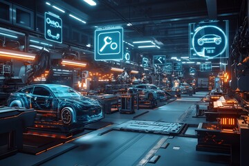 Naklejka premium Futuristic Car Factory with Holographic Components and Floating Robotic Assembly
