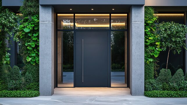 Dark grey front door with glass panels, surrounded by modern concrete pillars and plants.