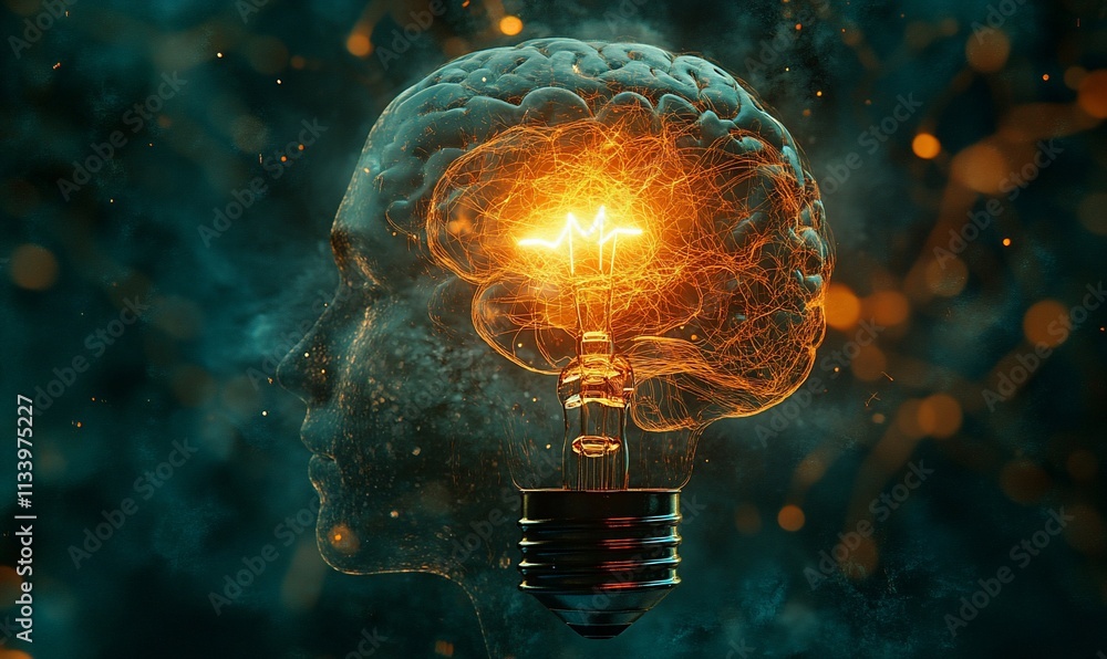 Poster A conceptual image of a brain with a light bulb symbolizing ideas and creativity.