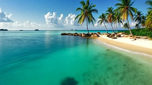 Experience the serene beauty of turquoise waters and palm-lined beaches in this tropical paradise by Generative Ai