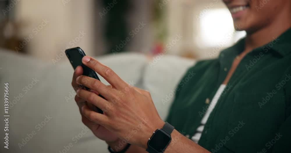 Poster Hands, phone and texting on sofa in home with person, smile or click with contact on web in living room. Smartphone, happy and scroll on mobile app for video, streaming or social network at apartment