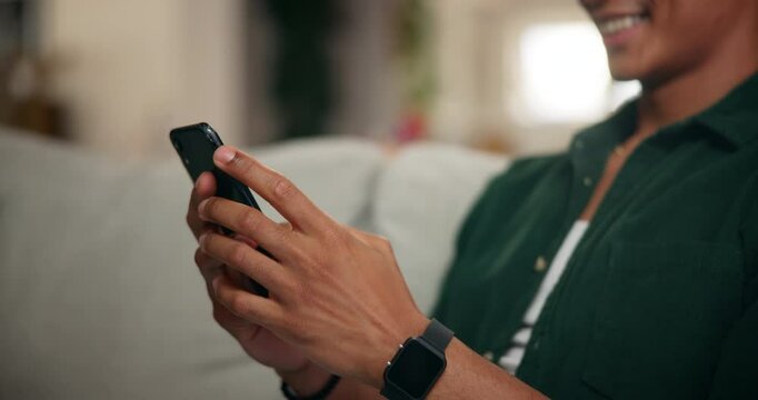 Hands, phone and texting on sofa in home with person, smile or click with contact on web in living room. Smartphone, happy and scroll on mobile app for video, streaming or social network at apartment