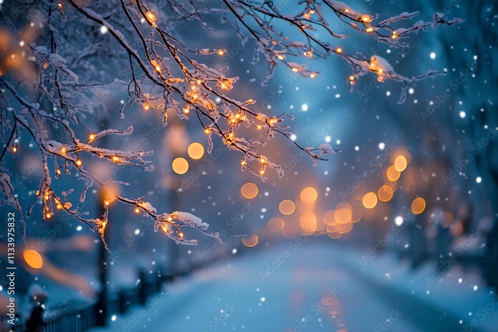 Aufkleber a tree branch covered in snow with lights on it. the lights are on the branches and the snow is fall