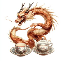 Obraz premium A majestic dragon entwined with elegant tea sets, symbolizing tradition and culture.