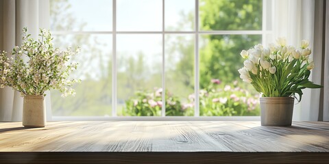 A window sill with two vases of flowers and a window