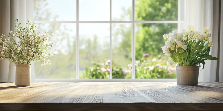 Fototapeta A window sill with two vases of flowers and a window