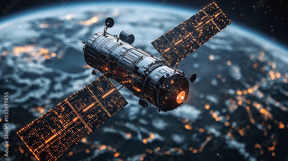 Aufkleber futuristic satellite hovering above glowing earth with bright data streams symbolizing global commun