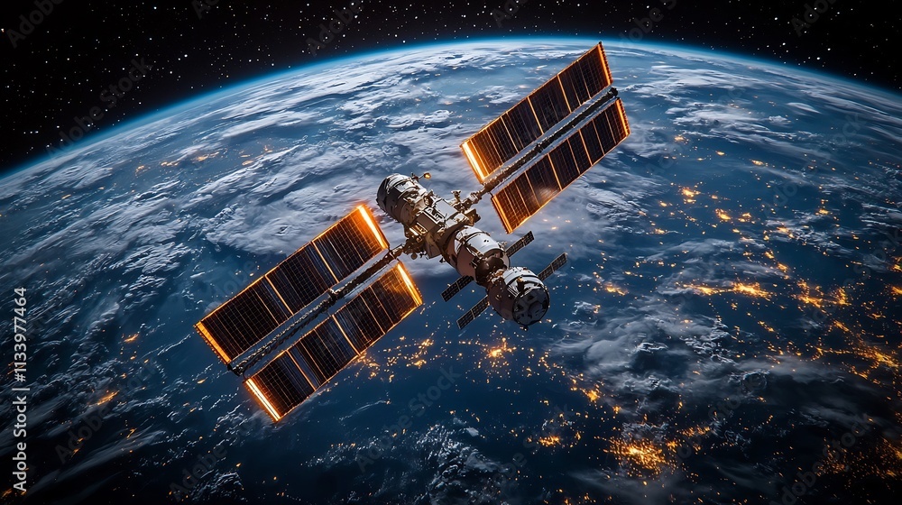 Poster futuristic satellite orbiting earth with vibrant data streams symbolizing global connectivity