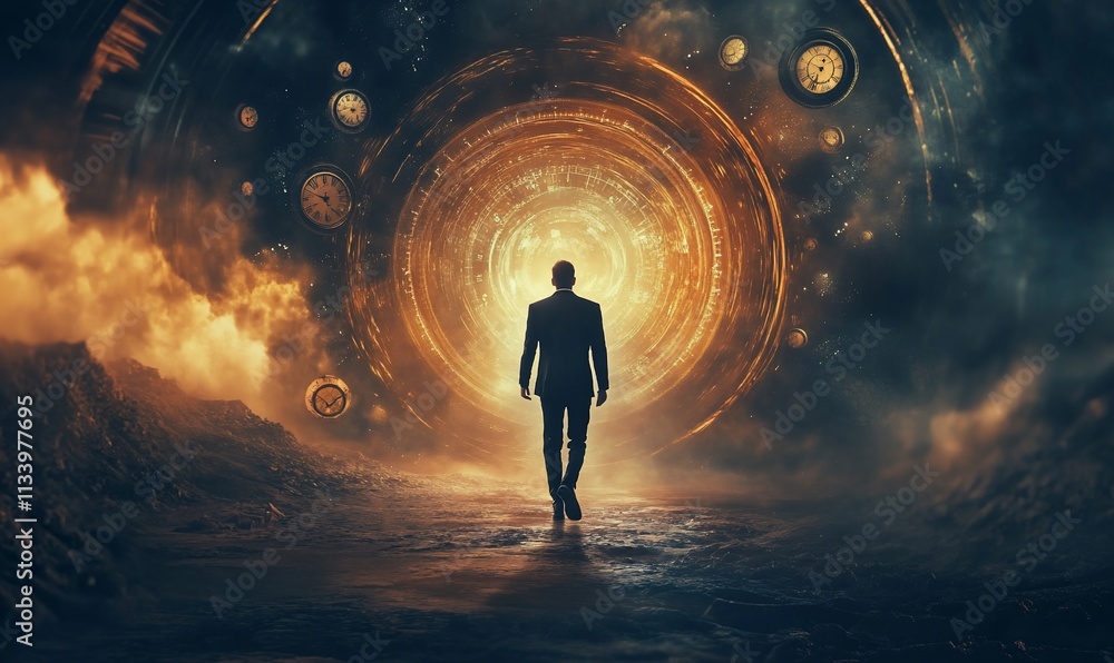 Poster a figure walks toward a glowing portal surrounded by clocks and clouds.