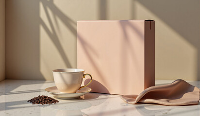 A pastel pink box, a gold-rimmed teacup on a saucer, a soft beige cloth, and scattered coffee beans on a sunlit, reflective surface with artistic shadows.
