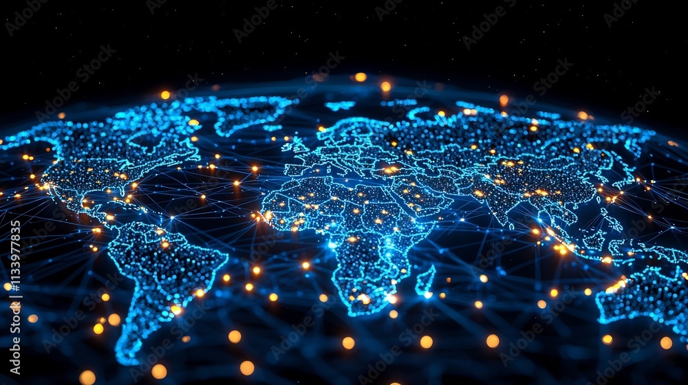 Poster illuminated global data network connecting digital devices around the world
