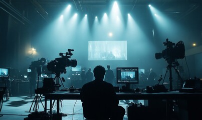 A film production scene with crew and equipment in a dimly lit studio.