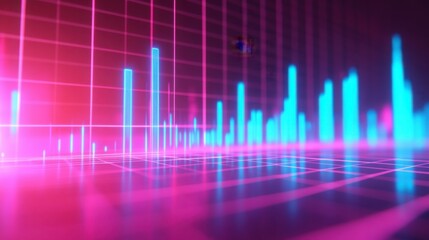 A candlestick graph with bright neon blue bars, contrasted by a vibrant pink grid background.