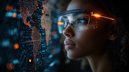 Person Wearing Glasses Looking at Projected World Map of Real Time Communication Data Future Tech Interaction and Global Connectivity Concept