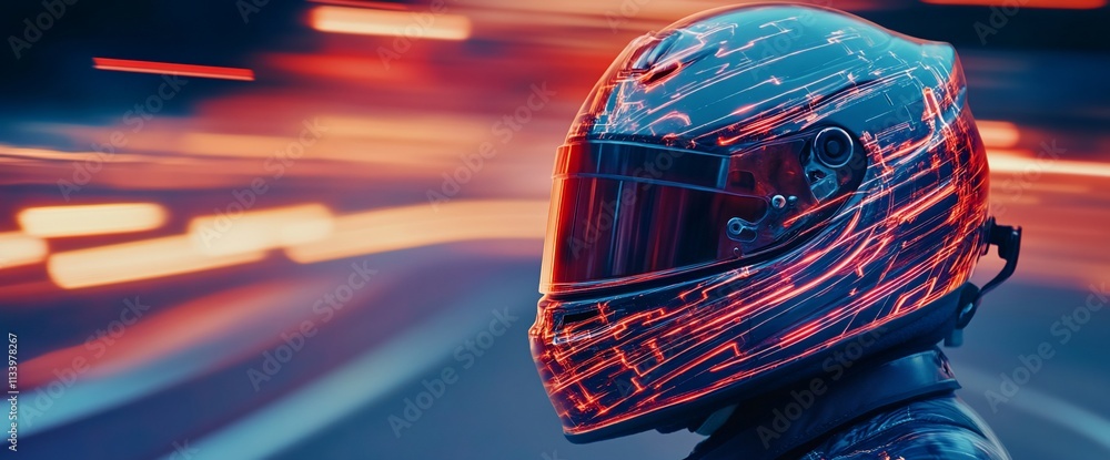 Poster a futuristic helmet with glowing patterns against a motion-blurred background.