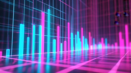 A candlestick graph with bright neon blue bars, contrasted by a vibrant pink grid background.