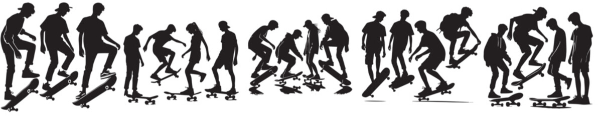 vector set of silhouettes of people playing skateboard