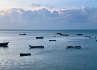 Scenic view of fishing vessels anchored in the palk strait seen from the Pamban bridge, Rameswaram, Tamil Nadu