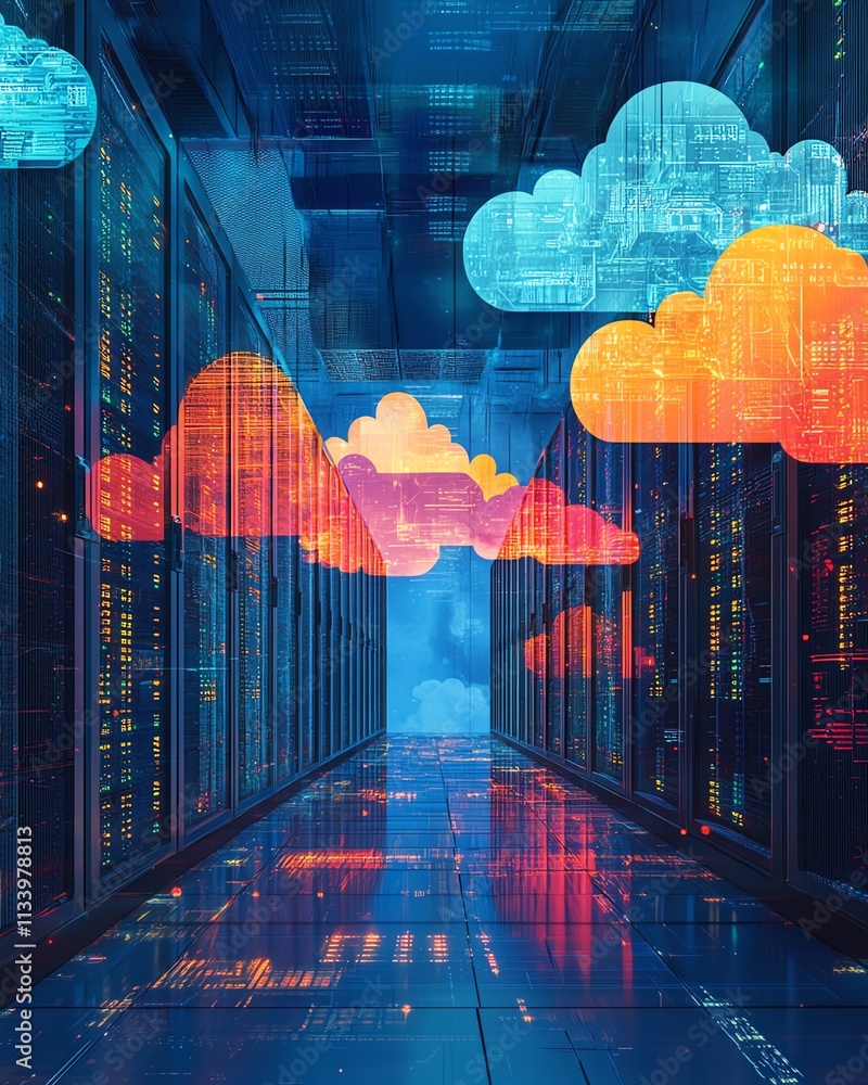 Poster an artistic representation of a modern data center with interconnected servers and vibrant, abstract