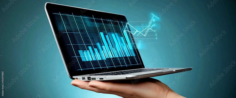 Aufkleber a hand holding a laptop displaying a digital graph and data analysis.
