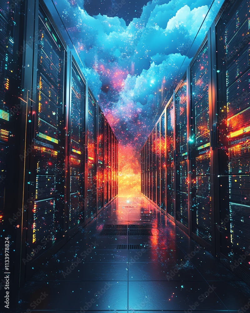 Aufkleber an artistic representation of a modern data center with interconnected servers and vibrant, abstract