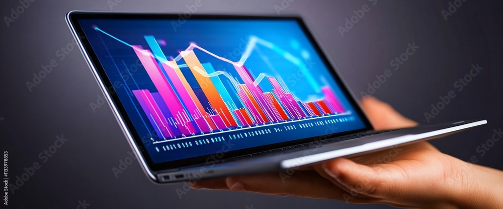 Poster a hand holding a laptop displaying colorful data visualizations.
