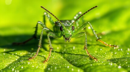 Fototapeta premium Close-Up of a Bright Green Grasshopper on Dewy Green Leaf Highlighting Nature's Intricacies and the Beauty of Insect Life in Natural Habitat