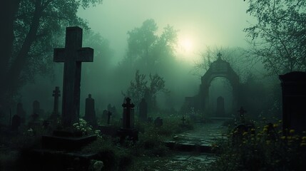 Foggy Cemetery: A Haunting Landscape