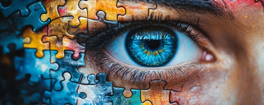 An artistic representation of a human face made of vibrant puzzle pieces, with striking blue eyes and a concept exploring emotions and creativity