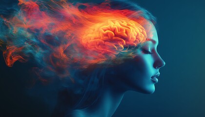 An ethereal portrait of a woman with a colorful, abstract brain explosion, blending artistic creativity into a bold blue atmosphere