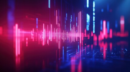 A futuristic neon red and blue candlestick chart for 2025, with bright, shining arrows and data lines.